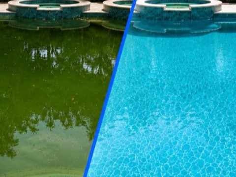 Piscina comunitaria antes y despues del mantenimiento: a la izquierda el agua verde, a la derecha el agua cristalina.