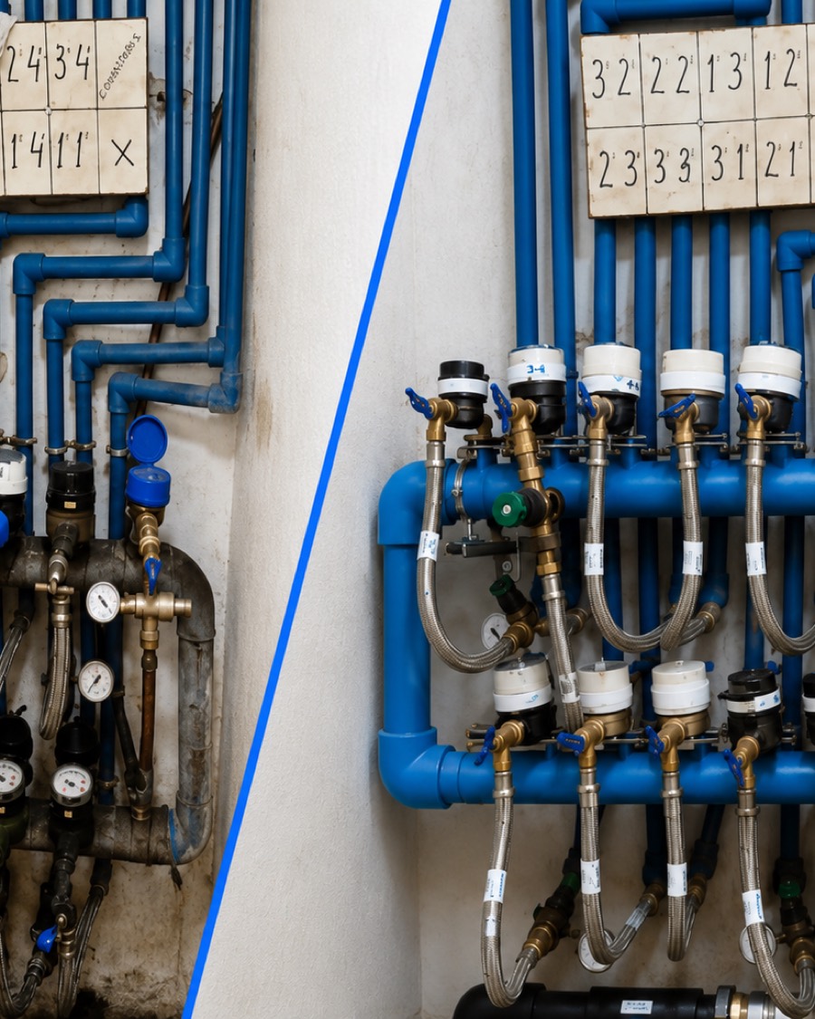 Bateria de contadores de agua antes y despues: a la izquierda la instalacion antigua oxidada, a la derecha la nueva bateria con tuberia azul y llaves de corte.