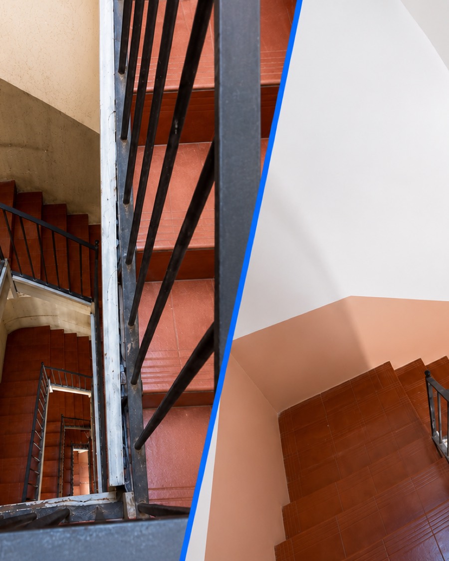 Escalera comunitaria antes y despues de su renovacion: a la izquierda las paredes envejecidas, a la derecha el hueco pintado en blanco y tono terracota.