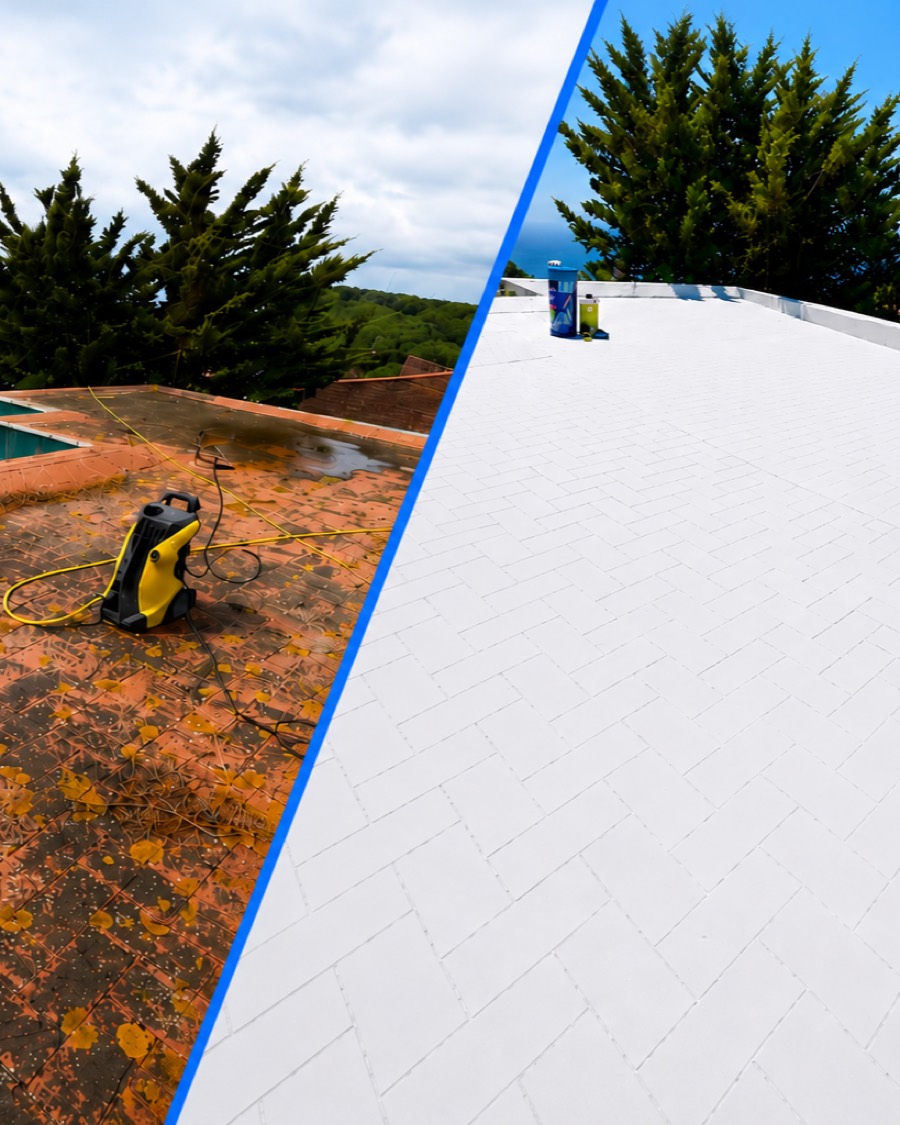 Terraza antes y despues de impermeabilizar: a la izquierda el pavimento sucio y con restos de hojas, a la derecha la superficie sellada y acabada en blanco.
