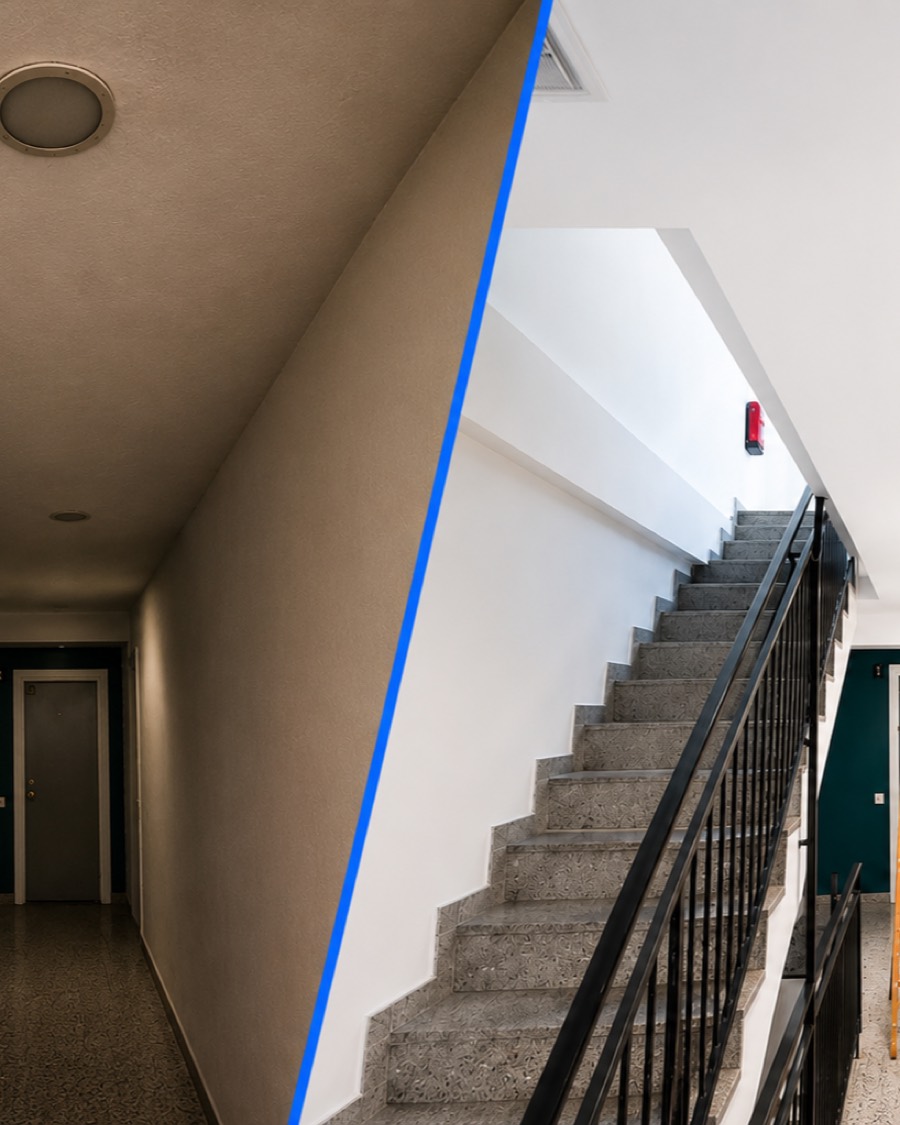 Rellano comunitario antes y despues de renovar la iluminacion: a la izquierda la luz amarillenta y escasa, a la derecha las luminarias nuevas y el pasillo pintado.