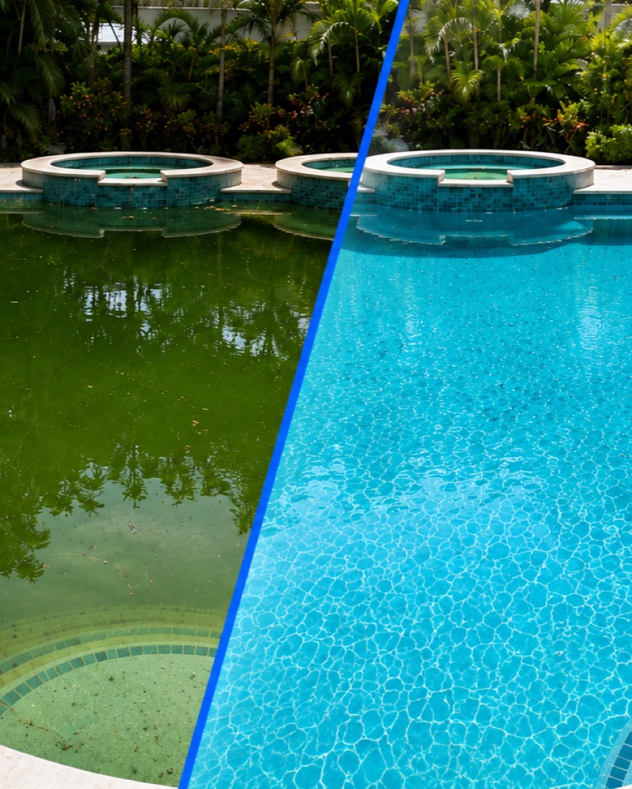 Piscina antes y despues del mantenimiento: a la izquierda el agua verde y con hojas, a la derecha el agua cristalina y el vaso limpio.